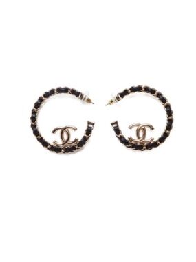 CHANEL Black and Gold Chain-Trim CC Hoop Earrings